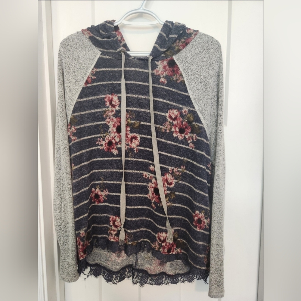 Rewind Gray Floral Striped Hoodie